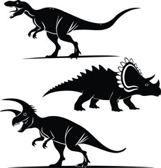 Fototapeta premium Set of black dinosaur silhouettes including Tyrannosaurus, Stegosaurus, and Triceratops
