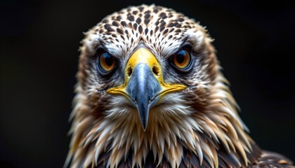 the image features a close up of an eagles head with intense detail, the eagle has a stern expression with its beak slightly open, revealing a sharp point