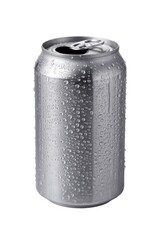 Isolated aluminum can with water droplets on its surface against a white background in studio shot