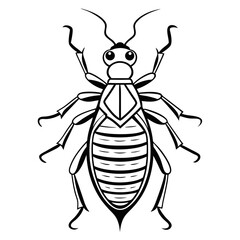Black and white line art of a louse insect with segmented body and antennae on a white background pest