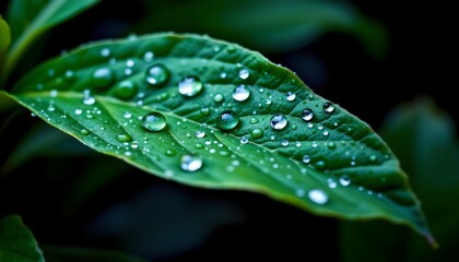 the image depicts a close up of a green leaf with droplets of water on it, set against a dark background that appears to be a gradient of blues to greens