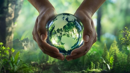 Hands holding a glass ball with a forest in the background
