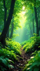 Fototapeta premium Lush green forest floor teeming with vibrant plants, sunlight dappling through leaves Perfect for nature, ecology, environmental, and conservation projects , chlorophyll, wildlife habitat, spring