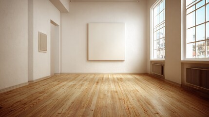 Fototapeta premium Empty Modern Art Gallery Room with Large Blank Canvas and Wooden Floor