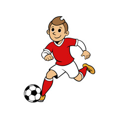 Cartoon boy in red jersey kicking soccer ball on white background football player