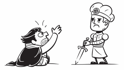 Cartoon knight with sword facing a pleading man on white background vector