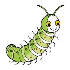 Cute cartoon green caterpillar with yellow spots and black legs on white background insect animal