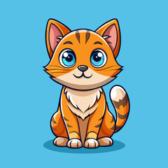 Cute orange tabby cat sitting with big blue eyes and striped tail on blue background kitten feline