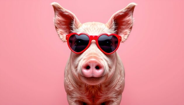 the image shows a pig with human like characteristics posed as if it is a person standing in front of a pink background