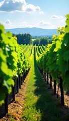 Naklejka premium Rows of lush, green wine grape vines stretching across a sun-drenched vineyard, ripe for harvest The perfect image for wine country, viticulture, or agriculture themes , ripe, vineyard