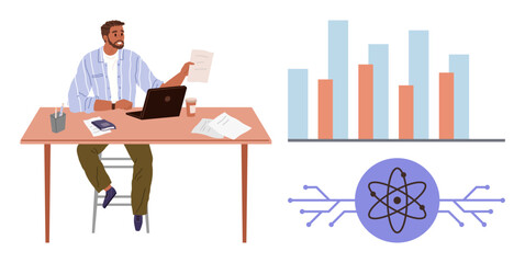 Person reviews documents at desk with laptop, surrounded by data charts and a scientific atom symbol. Ideal for research, technology, education, analysis, business, innovation planning. Simple flat
