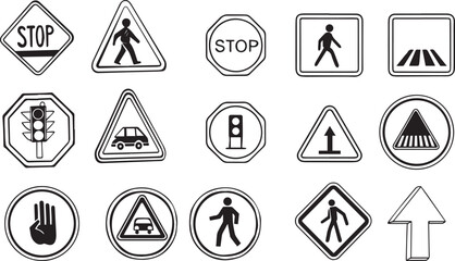 Set of yellow triangle road signs with a black border, depicting various warning symbols for high voltage electric shock hazards, isolated on a white background