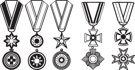 Vintage business travel design set with silver and bronze medals, compass, anchor, and ship wheel icons