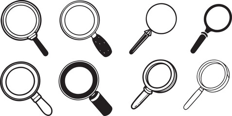 A vector set of isolated magnifying glasses with handles, ideal for search, zoom, and discovery tool icons