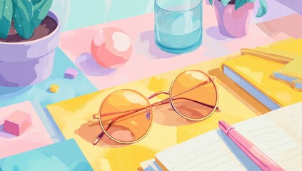 Pastel-colored desk scene with round sunglasses, notebooks, plants, and geometric shapes bathed in sunlight