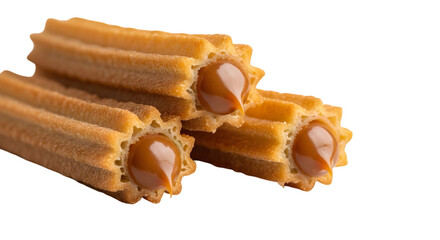 Photo of three golden churros filled with dulce de leche are isolated on transparent background, a closeup shot showing their crispy texture and rich caramel filling