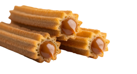 Photo of three golden churros filled with dulce de leche are isolated on transparent background, a closeup shot showing their crispy texture and rich caramel filling