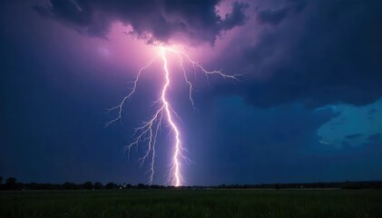 Spectacular display of a powerful lightning bolt striking the ground during a summer thunderstorm The dramatic image showcases the raw power of nature's electricity , clouds, atmospheric