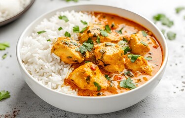 Spicy Thai green chicken curry with rice, a delicious gourmet meal in a bowl.