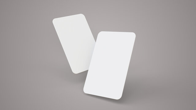 Plastic credit card vertical mockup. Color grey background. Atm empty debit payment. Debit card mock up on grey background. Business card mock up with front and back. Empty mockup for presentation.