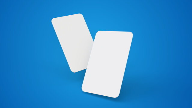 Plastic credit card vertical mockup. Color blue background. Atm empty debit payment. Debit card mock up on blue background. Business card mock up with front and back. Empty mockup for presentation.