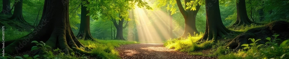 Canvas Prints sunlight dapples through the leaves in a serene forest park, illuminating a mossy path and ancient t