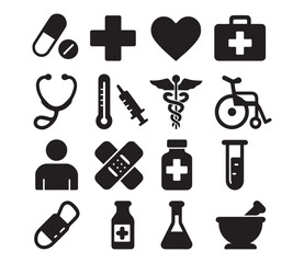 Set of 15 Clean Medical Silhouette Icons. Healthcare and Medicine Symbols.