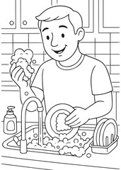 Coloring book page of a father washing dishes in the kitchen.