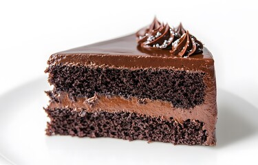 A delicious piece of chocolate cake with rich icing and cream on a white plate.