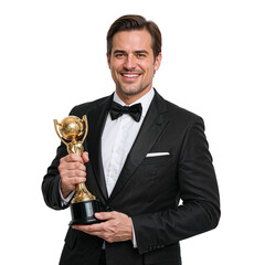 Smiling Man in Tuxedo Holding Golden Trophy on Isolated transparent background