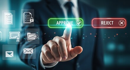 Businessman Approving Document with Touchscreen Interface for Business Decisions