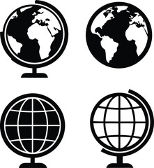 Set of black silhouette globe icons including map and grid variations on white background