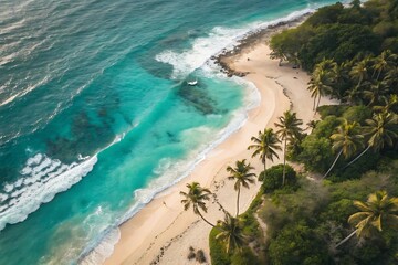 Aerial view of tropical beach with turquoise water white sand palm trees and lush green vegetation