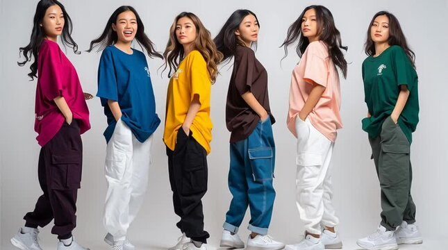 Group of asian female dancers wearing colorful t-shirts and cargo pants, turning away from camera on white background