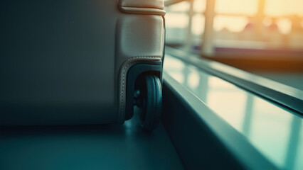 Fototapeta premium Close up of a beige leather suitcase with a black wheel on a teal surface near a window with sunlight travel concept