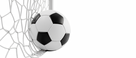 Soccer ball is nestled goal net, showcasing moment of excitement game. black and white design of ball contrasts with netting, emphasizing sport