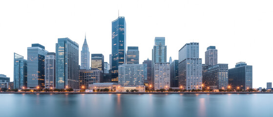 Stunning city skyline night, showcasing modern skyscrapers reflecting water. scene captures vibrant lights and architectural beauty of urban life