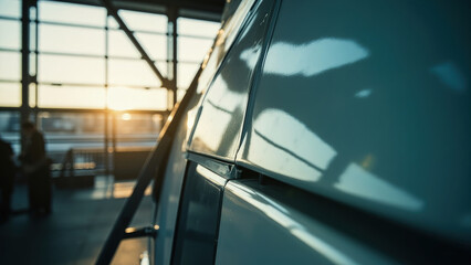Close up of a teal vehicle exterior with reflections of a windowed structure and the setting sun in a blurred background