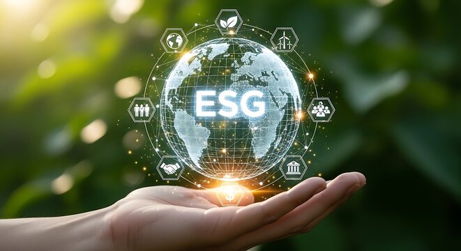 Hand holding ESG concept globe surrounded by sustainability icons.