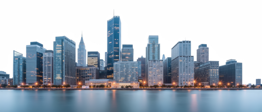 Stunning city skyline night, showcasing modern skyscrapers reflecting water. scene captures vibrant lights and architectural beauty of urban life