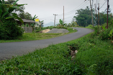 Curved Roadway Through Green Countryside Surrounded by Utility Poles on a Cloudy Day