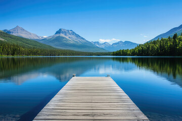 Wooden dock extends into a calm blue lake reflecting majestic mountains and a lush green forest under a clear sky