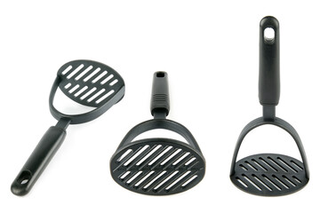 Set of potato mashers isolated on white. Collage.