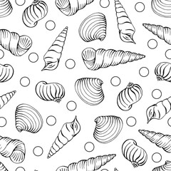 Seamless pattern with shells of different shapes. Hand drawn vector illustration.