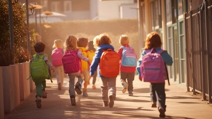 School's Out: A diverse group of young students, backpacks in tow, stride confidently away from a school building, embodying the joy of the end of the day and the start of freedom. - Powered by Adobe