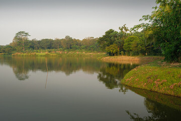 Serene Lake Landscape with Lush Greenery and Clear Reflection
