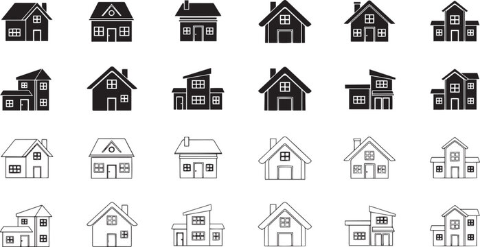 Collection of House Icons Black and White Home Silhouettes for Design Projects
