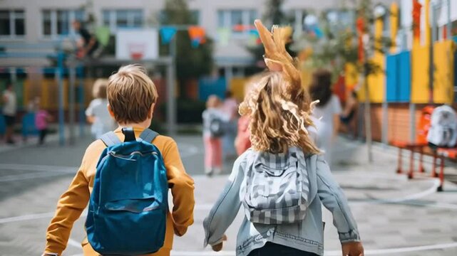 Excited Schoolchildren’s first day of school adventure: Children wearing backpacks run in a playful, carefree manner, illustrating a vibrant celebration of starting a new semester.