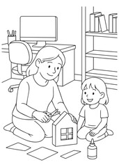 Coloring book page of a mother doing craft project with her child.