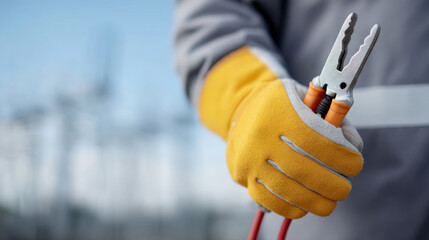 Person wearing yellow insulated gloves holds pair of pliers with orange handles, ready for electrical or mechanical work outdoors on clear day